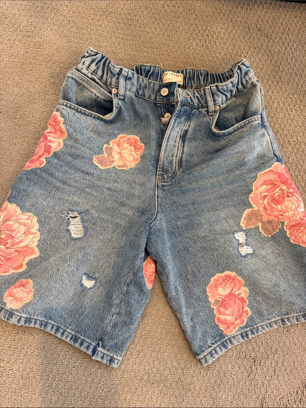 Free People Denim Bermuda Shorts with Pink Floral Embroidery
